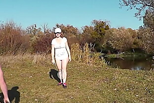 Wild beach. Nude in public. Outdoor on bank of river naked sexy mom MILF Frina learns to play badminton together with her naked lover. Outside. Nudist beach. Pussy natural tits ass Milf