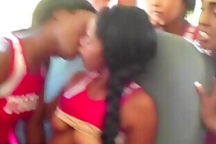 Black Cheerleaders  in uniform suck and lick on the bus - REALITYKINGS