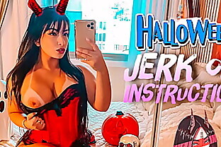 Naughty little devil cosplay big ass and big tits latina JOI jerk off instructions with her strap on asking you to cum over her feet