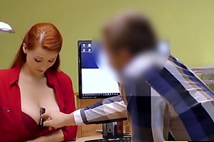 Redhaired babe shows off big tits before office hammering