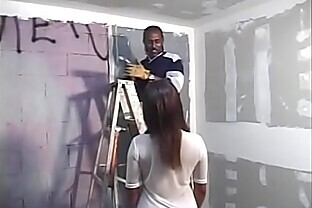 Ebony enceinte lady  Amber Kelly  persuaded construction worker doing interior works to polish her pussy with his massive tools poster