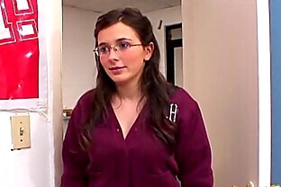 Pretty girl with glasses gets fucked hard and left with cum on her big perky tits