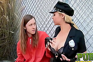 PUBLIC HANDJOBS Naughty cop Sarah Vandella jerks prisoner's cock for messy facial