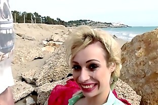 Wild beach fuck with busty blonde eating sperm poster