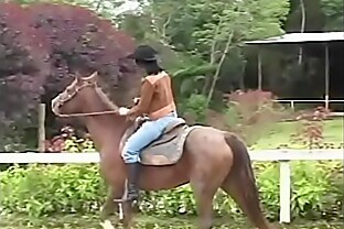 Darkskinned groom helps white chick with raven hair Cristal De Luna to recover from a surprise caused with running away of her horse