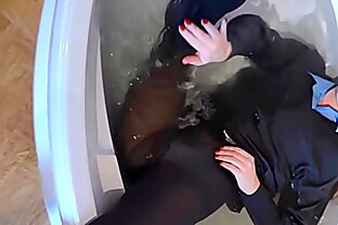 Sexy Brunette Wets Her New College Uniform While Takes A Bath!