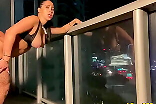 Latin babe in stockings was fucked on the hotel balcony poster