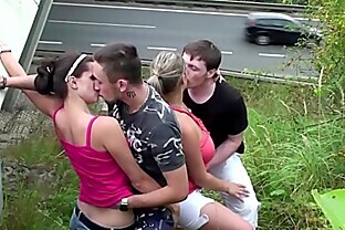 Cum on big tits in public gang bang foursome poster